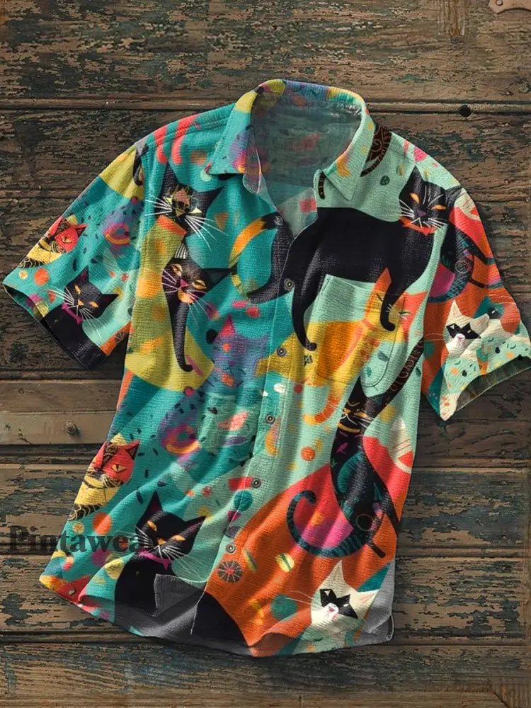 Camisa de manga corta con estampado de arte abstracto retro para hombre A / S