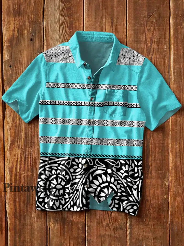 Camisa de manga corta de solapa casual con estampado de flores de anacardo retro para hombres como imagen / S