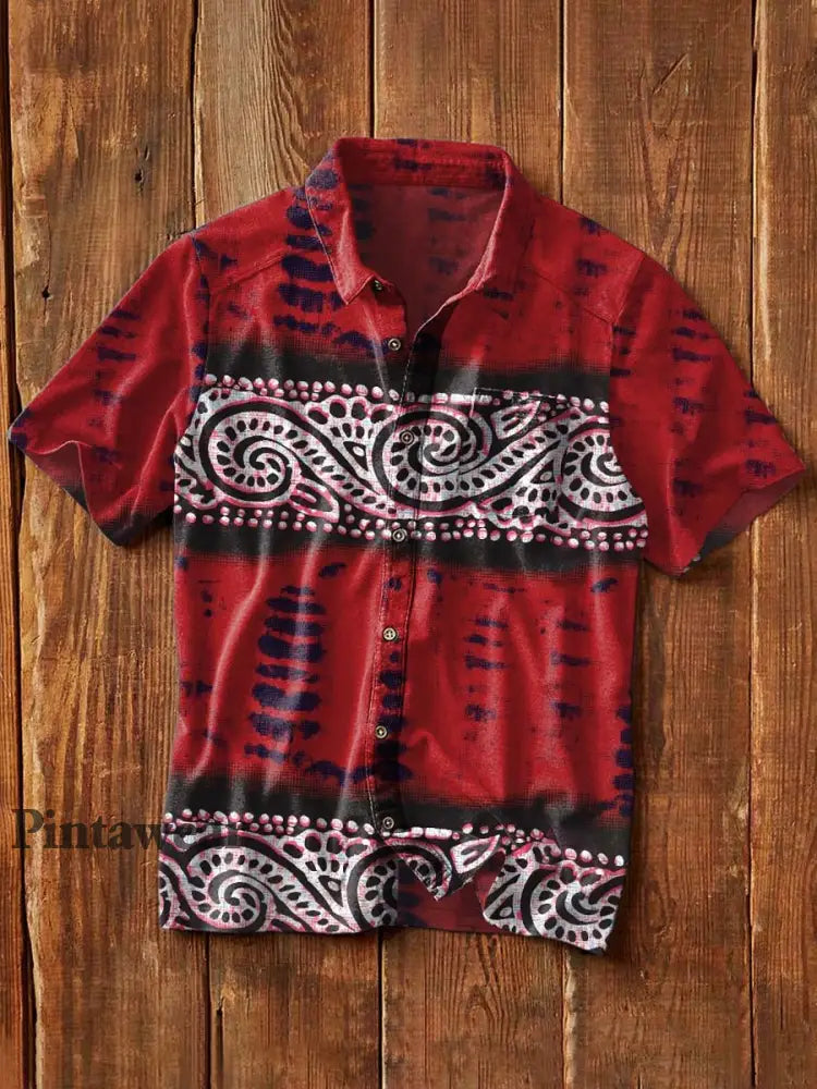 Camisa de manga corta de solapa casual con estampado de flores de anacardo retro para hombres como imagen / S