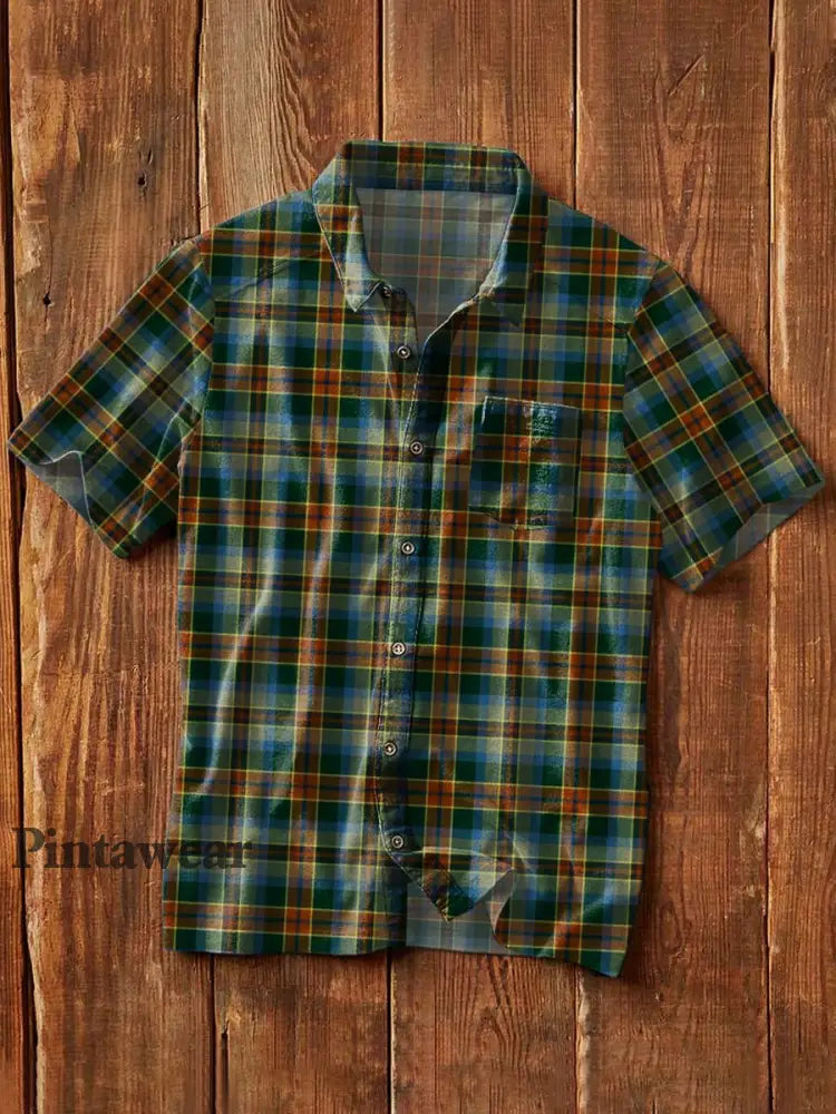 Camisa de manga corta de solapa casual impresa a cuadros retro de los hombres como imagen / S