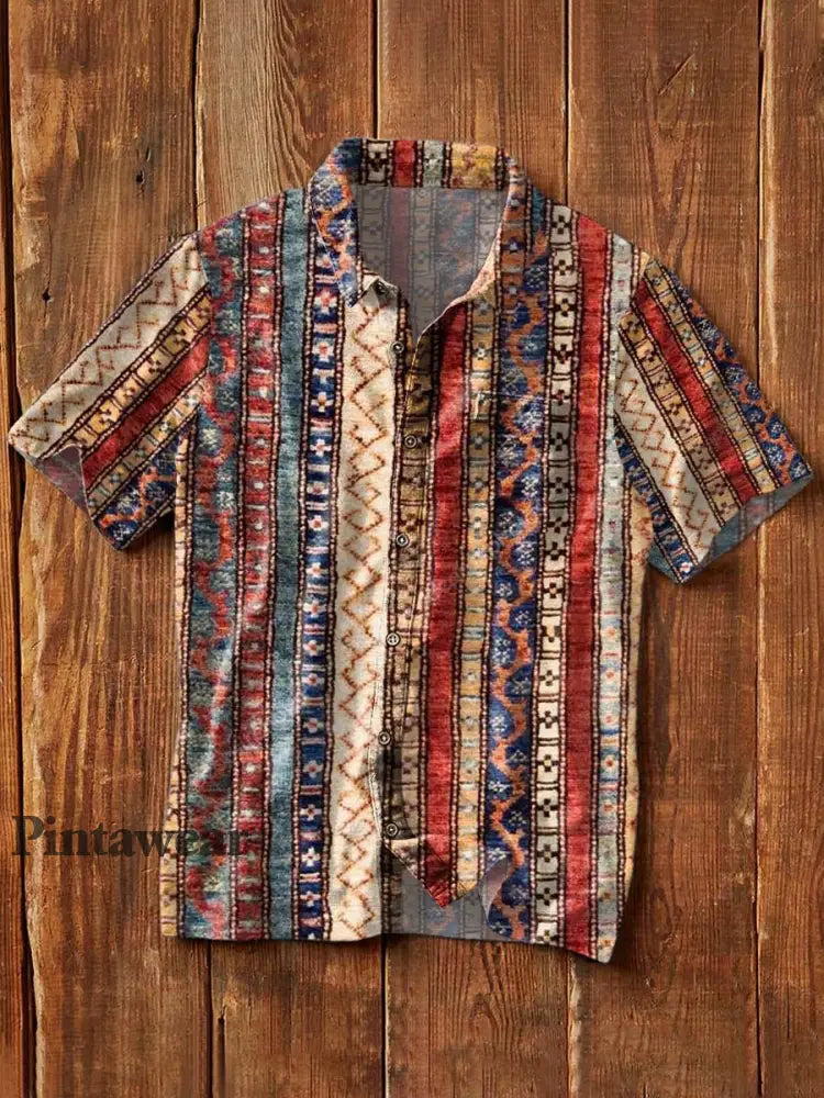 Camisa de manga corta de solapa casual impresa estilo occidental de la vendimia de los hombres como imagen / S