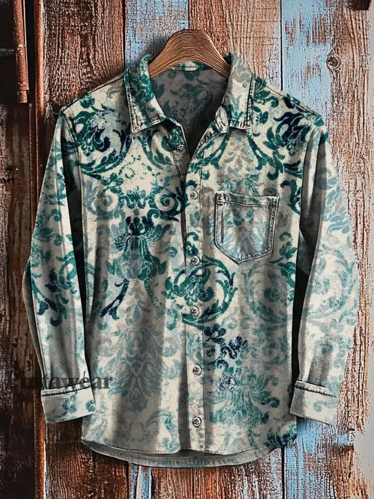 Camisa de manga larga casual con estampado de arte degradado abstracto retro A / S Camisas