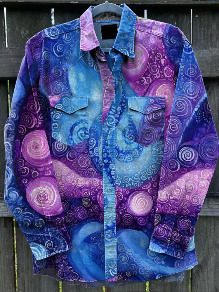 Camisa de manga larga casual con estampado de arte degradado abstracto retro A / S Camisas