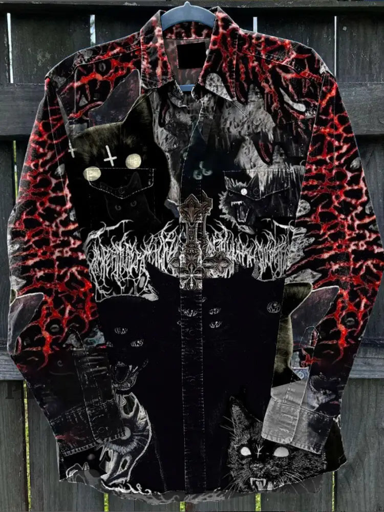 Camisa de manga larga casual con estampado de arte de gato degradado abstracto retro A / S Camisas