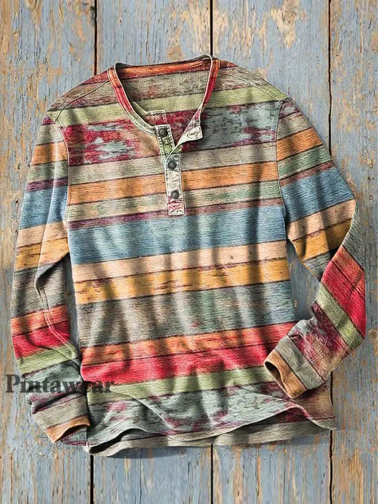 Camisa de manga larga Henley de la impresión del arte de la raya colorida de la vendimia de los hombres colorido / S