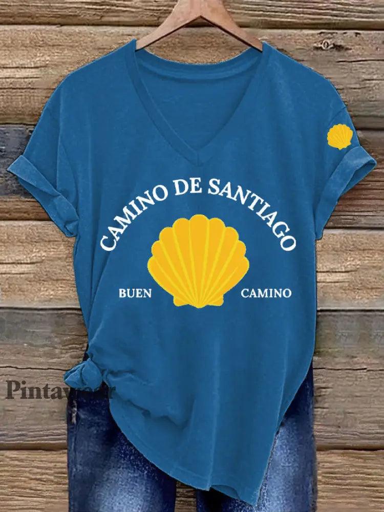 Camiseta estampada España Fe Peregrinación a Santiago para mujer azul / S