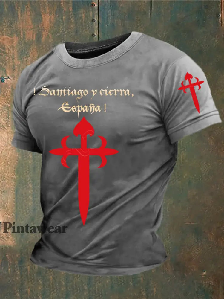 Cruz de la fe de España de los hombres de Santiago Impreso camiseta gris claro / S