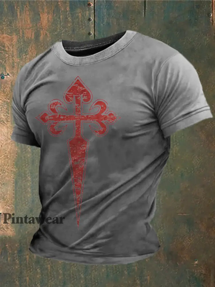 Cruz de la fe de España de los hombres de Santiago Impreso camiseta gris claro / S