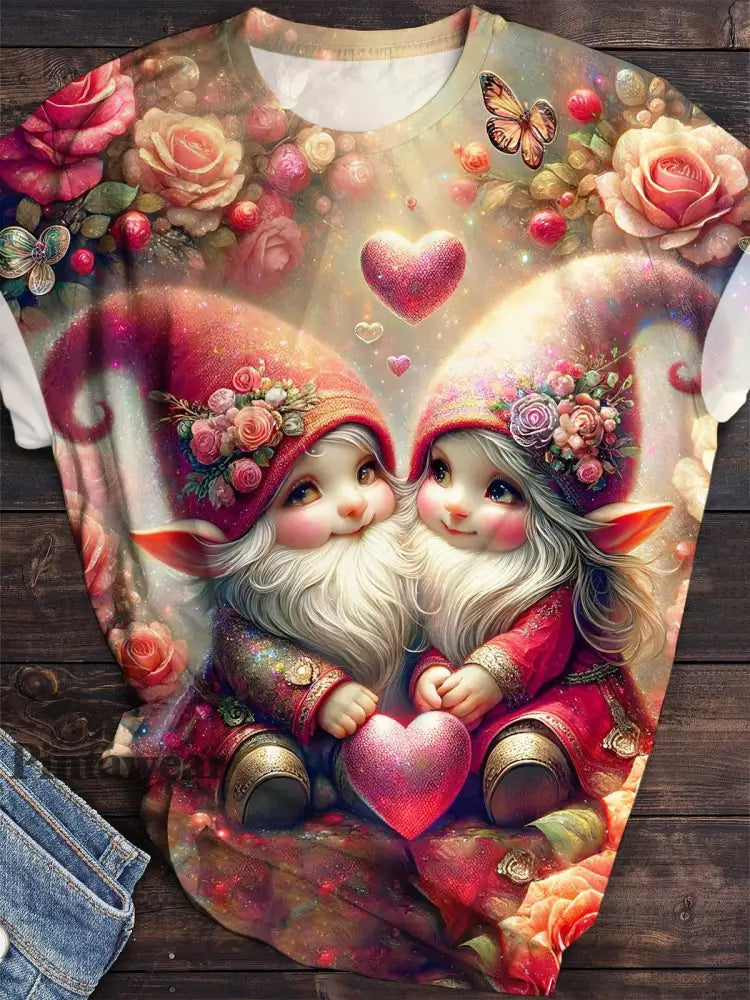 Cute Valentines Gnome Print Crew Neck T-Shirt multicolor / S Día de San Valentín