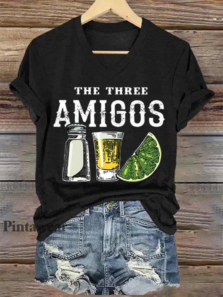 Funny The Three Amigos Cinco De Mayo para mujer camiseta casual con cuello en V Negro / S