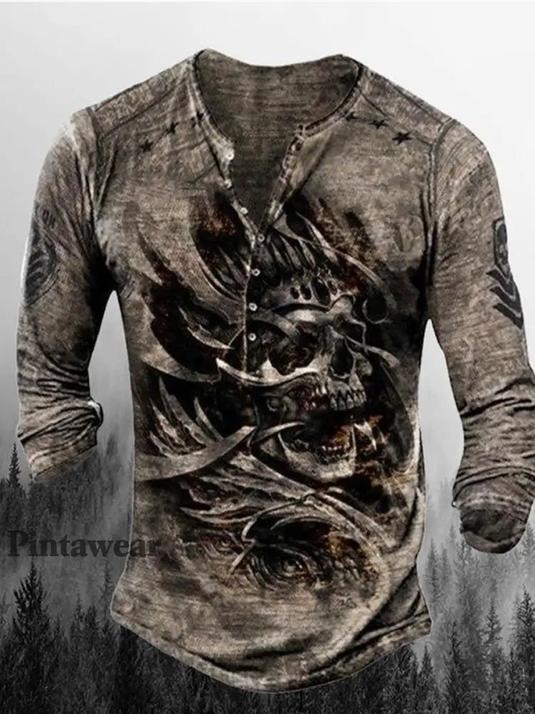 Hombres Retro Cráneo Punk Art Imprimir V-cuello Botón de manga larga Top A / S Camiseta
