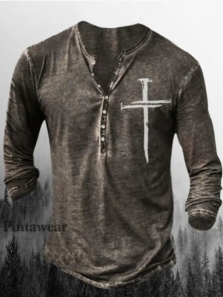 Hombres Retro Cráneo Punk Art Imprimir V-cuello Botón de manga larga Top B / S Camiseta