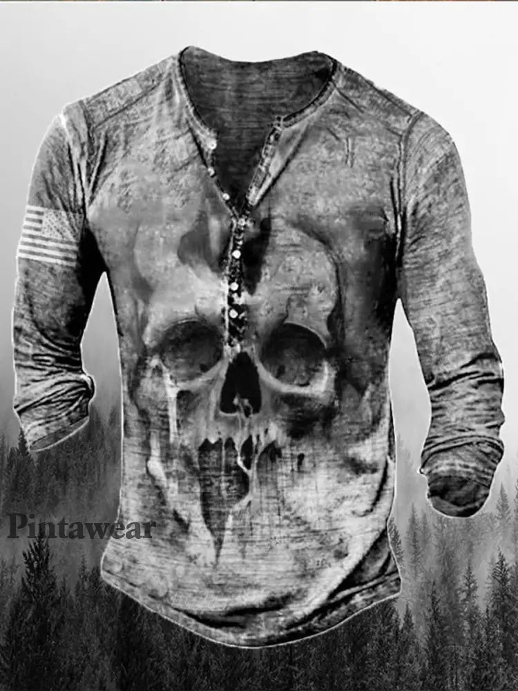Hombres Retro Cráneo Punk Art Imprimir V-cuello Botón de manga larga Top C / S Camiseta
