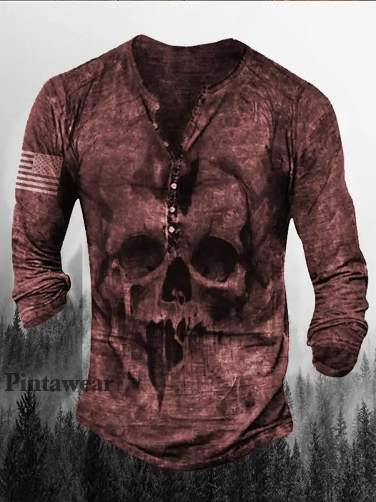 Hombres Retro Cráneo Punk Art Imprimir V-cuello Botón de manga larga Top D / S Camiseta
