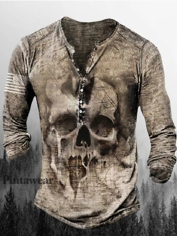 Hombres Retro Cráneo Punk Art Imprimir V-cuello Botón de manga larga Top E / S Camiseta