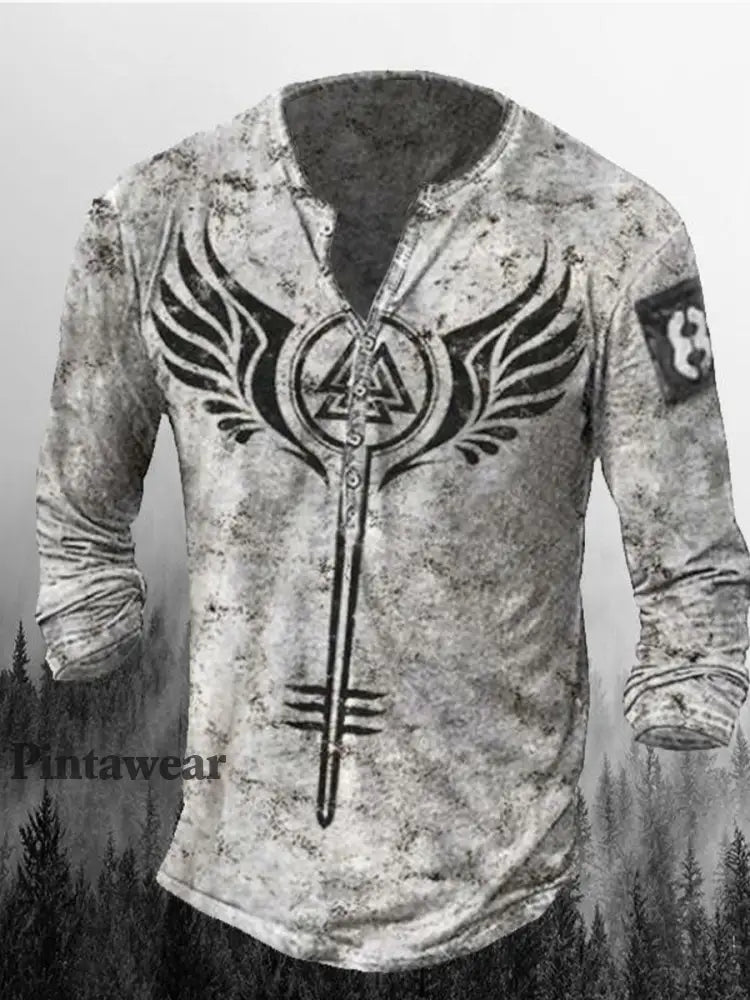 Hombres Retro Cráneo Punk Art Imprimir V-cuello Botón de manga larga Top F / S Camiseta