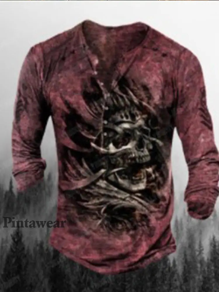 Hombres Retro Cráneo Punk Art Imprimir V-cuello Botón de manga larga Top G / S Camiseta