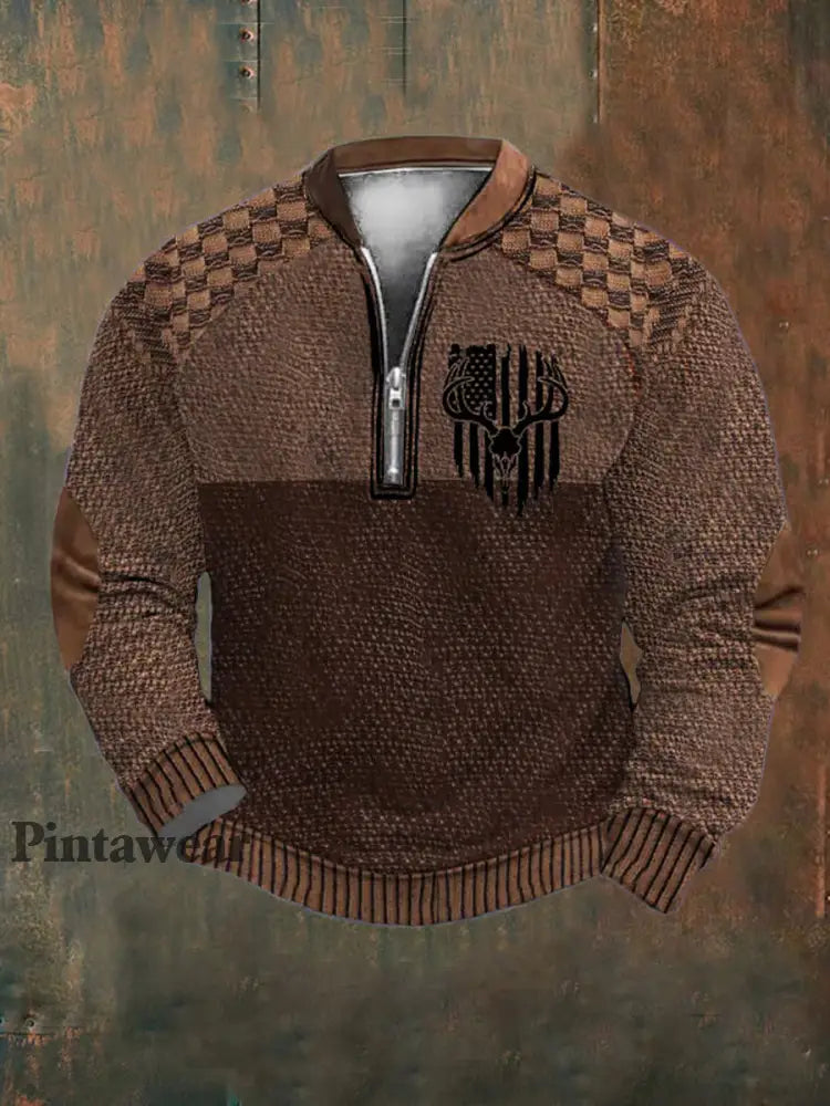 Hombres Retro País Western Art Print Diseño V Cuello Cremallera Suéter de Manga Larga Sudadera A / S Polo