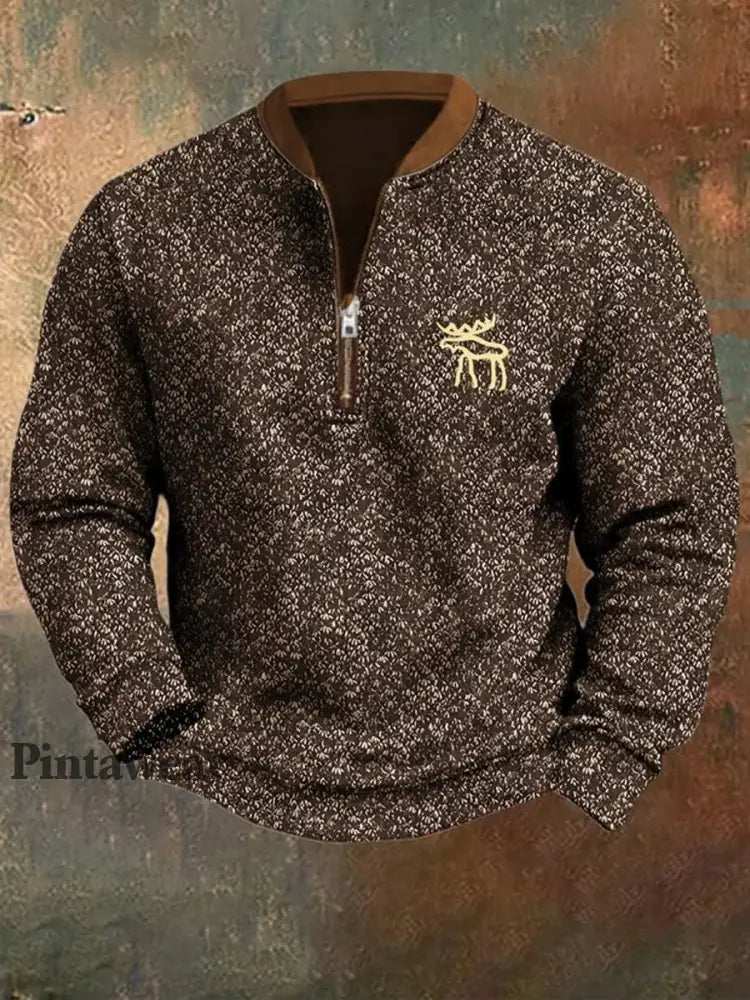 Hombres Retro País Western Art Print Diseño V Cuello Cremallera Suéter de Manga Larga Sudadera A / S Polo