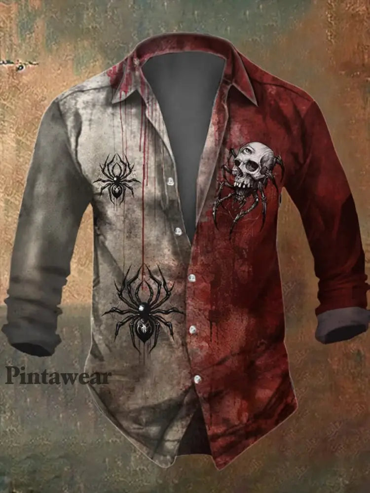 Hombres Retro Skull Punk Art Imprimir V-cuello Botón de manga larga Camisa Top B / S Camisas
