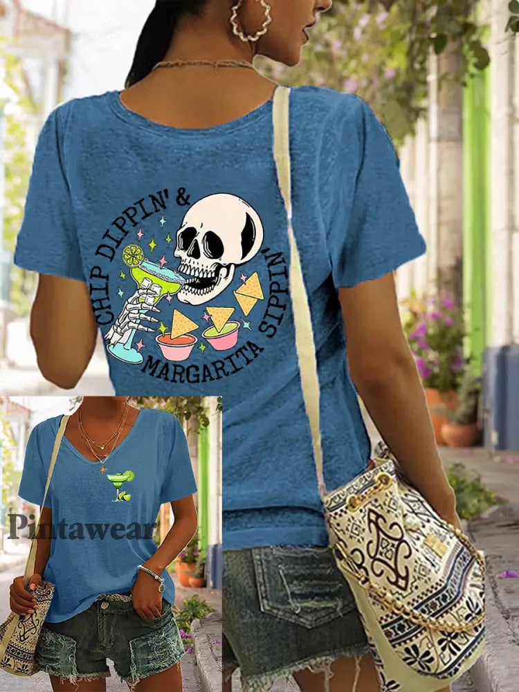 Mujer Cinco De Mayo Chip Dippin’ Margarita Sippin ’Printed V-cuello de manga corta camiseta Azul / S