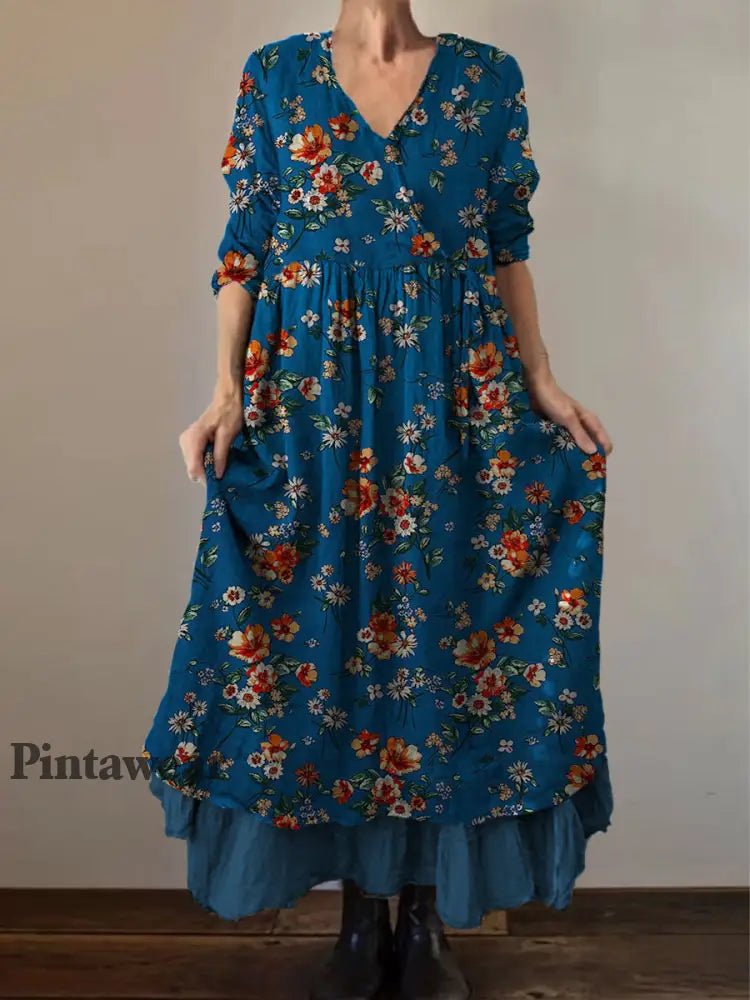 Retro Boho Floral Art Print Vintage V-cuello doble dobladillo algodón manga larga Midi vestido A / S