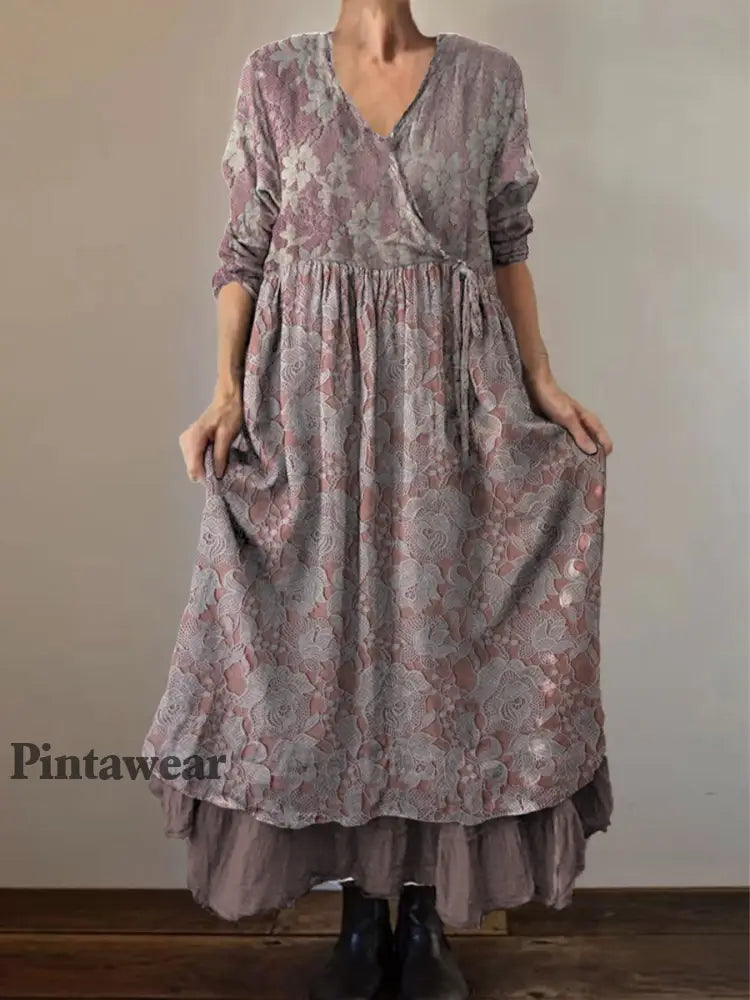 Retro Boho Floral Print Vintage V-cuello doble dobladillo algodón manga larga vestido Midi A / S