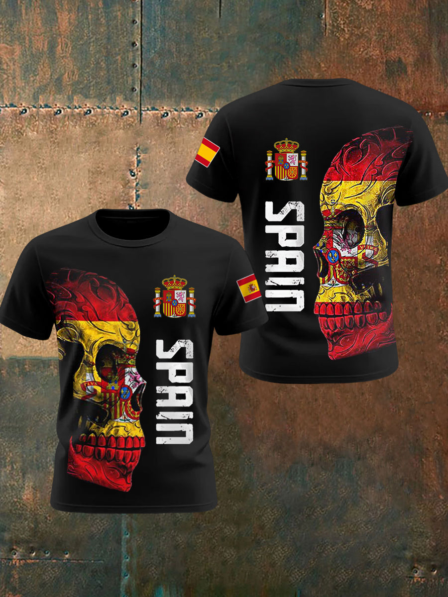 Camiseta casual con estampado de cráneo de bandera española para hombre