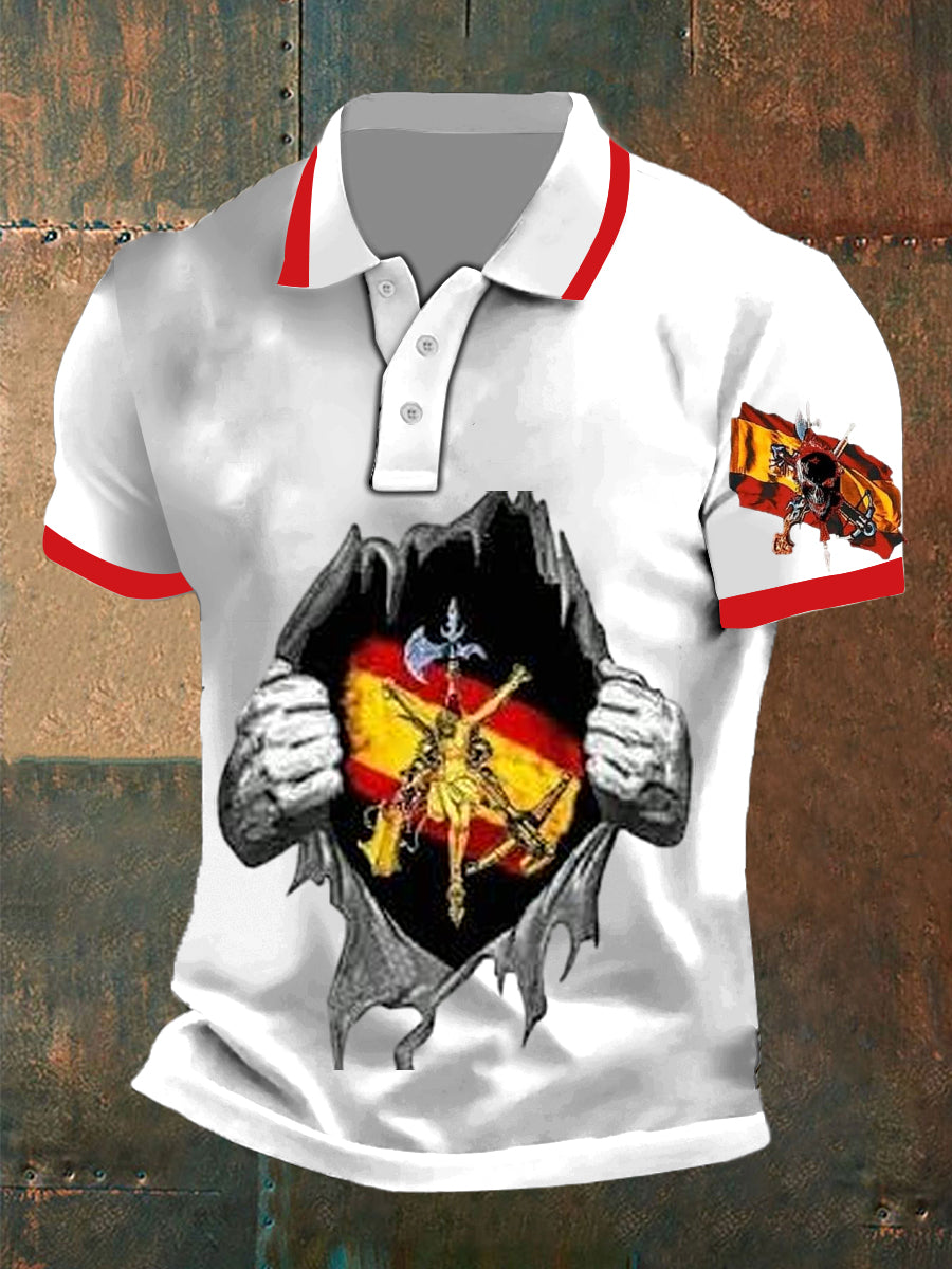Polo de manga corta de algodón casual impreso abstracto de la bandera española de la vendimia de los hombres