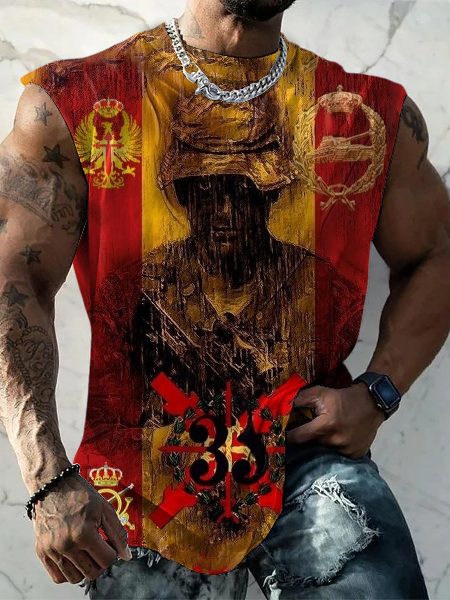 Hombres Vintage Español Veteranos Emblema Imprimir Cómodo Casual Algodón Tank Top