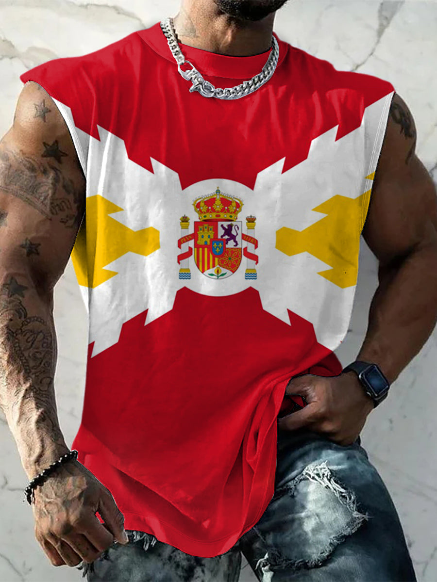 Hombres Vintage Español Patriótico Emblema Imprimir Cómodo Casual Algodón Tank Top