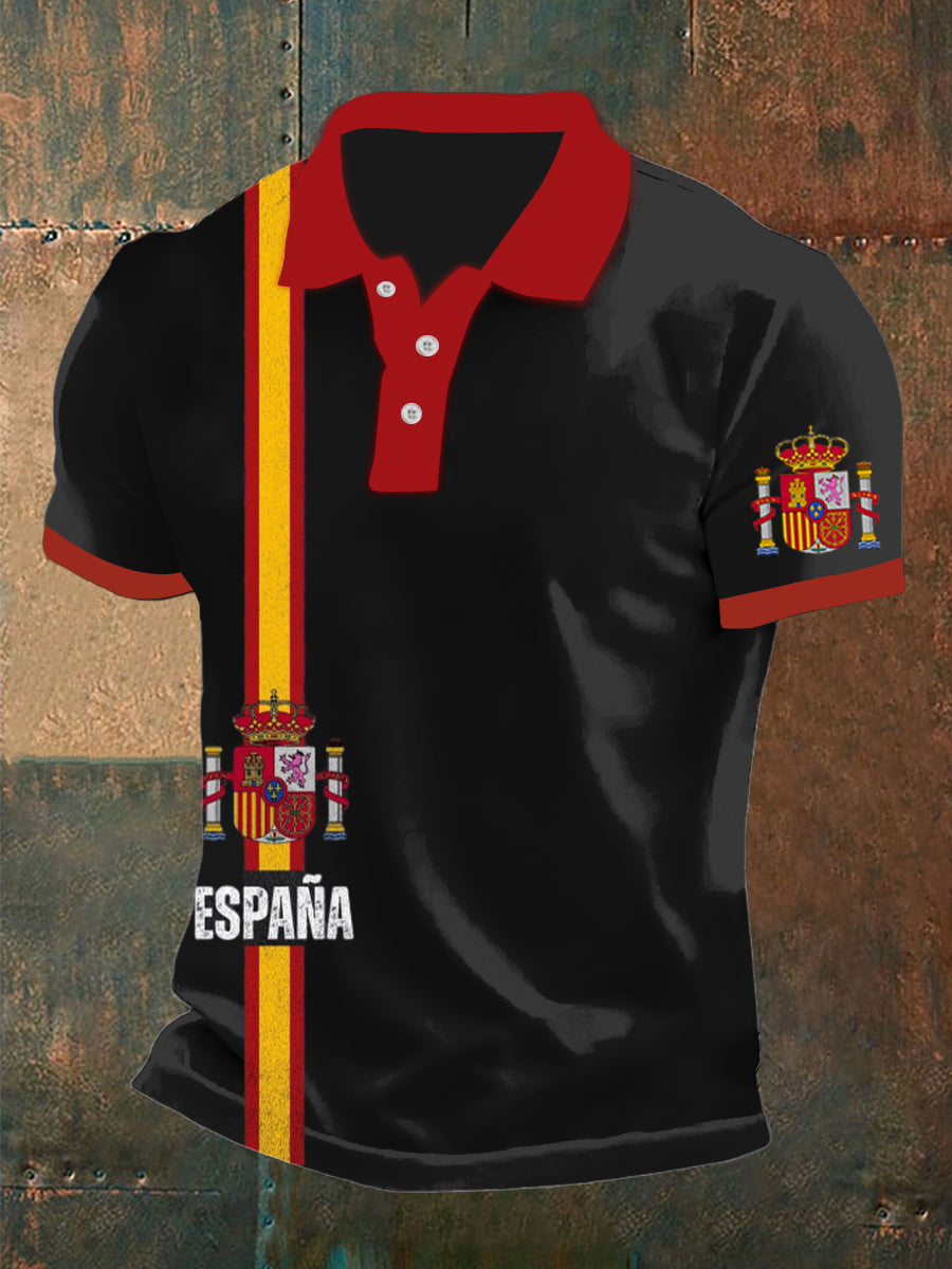 Polo de manga corta de algodón casual impreso abstracto del emblema patriótico español de la vendimia de los hombres