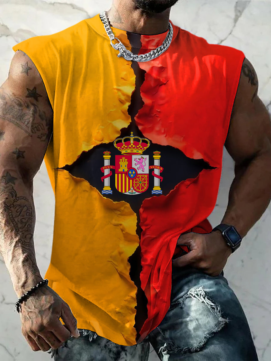Hombres de la vendimia de la bandera española de impresión Patchwork Split cómodo Casual algodón Tank Top