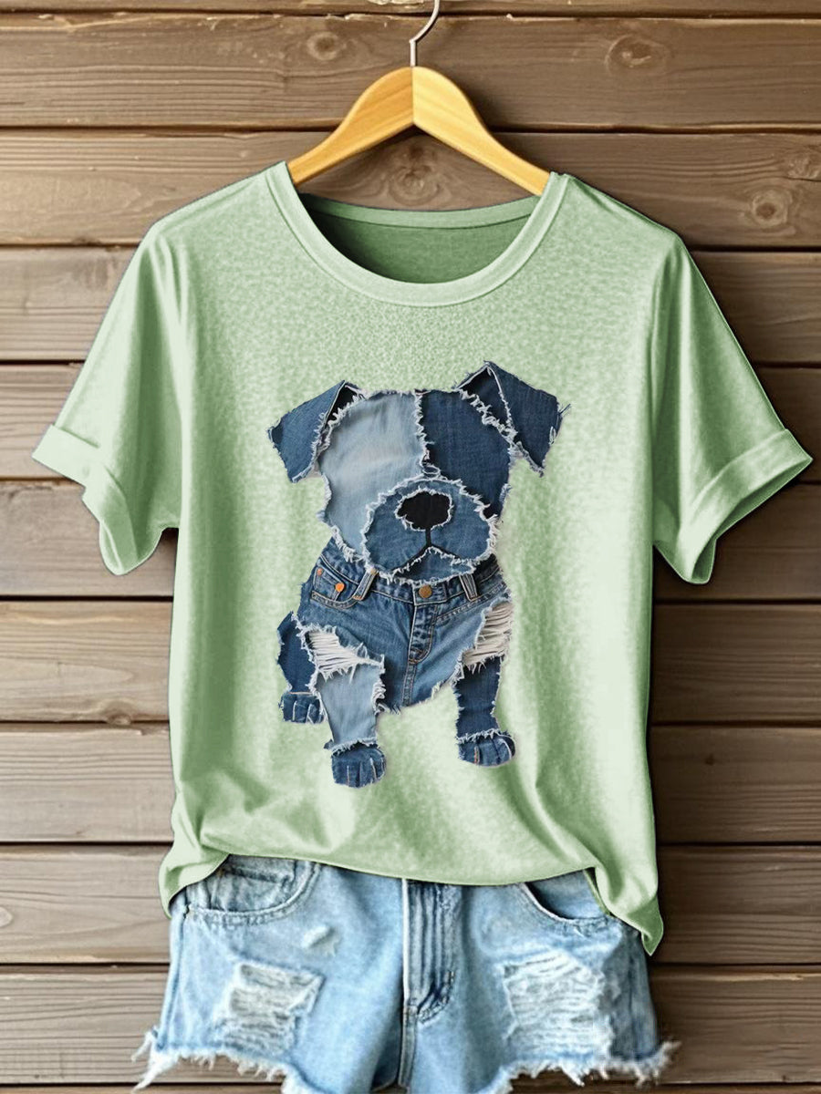 Camiseta del arte del remiendo del dril de algodón del patrón del perro de las mujeres
