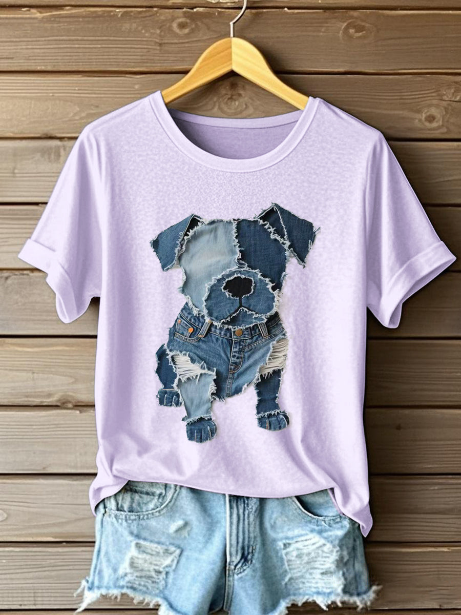 Camiseta del arte del remiendo del dril de algodón del patrón del perro de las mujeres