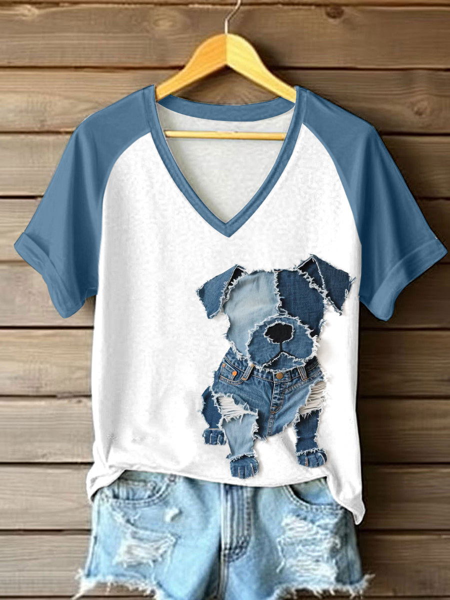 Camiseta con cuello en V para mujer Cute Dog Patchwork Art