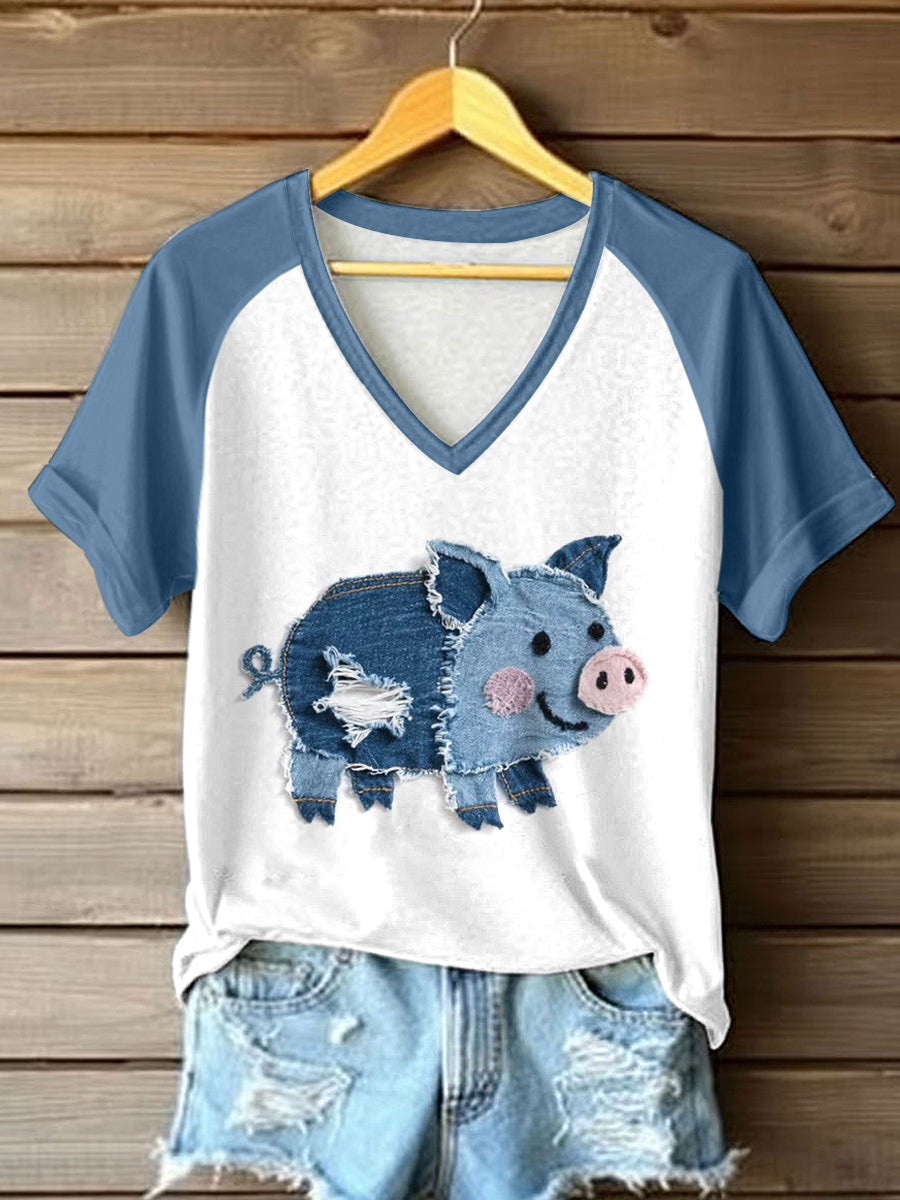 Camiseta con cuello en V para mujer Cute Pig Patchwork Art