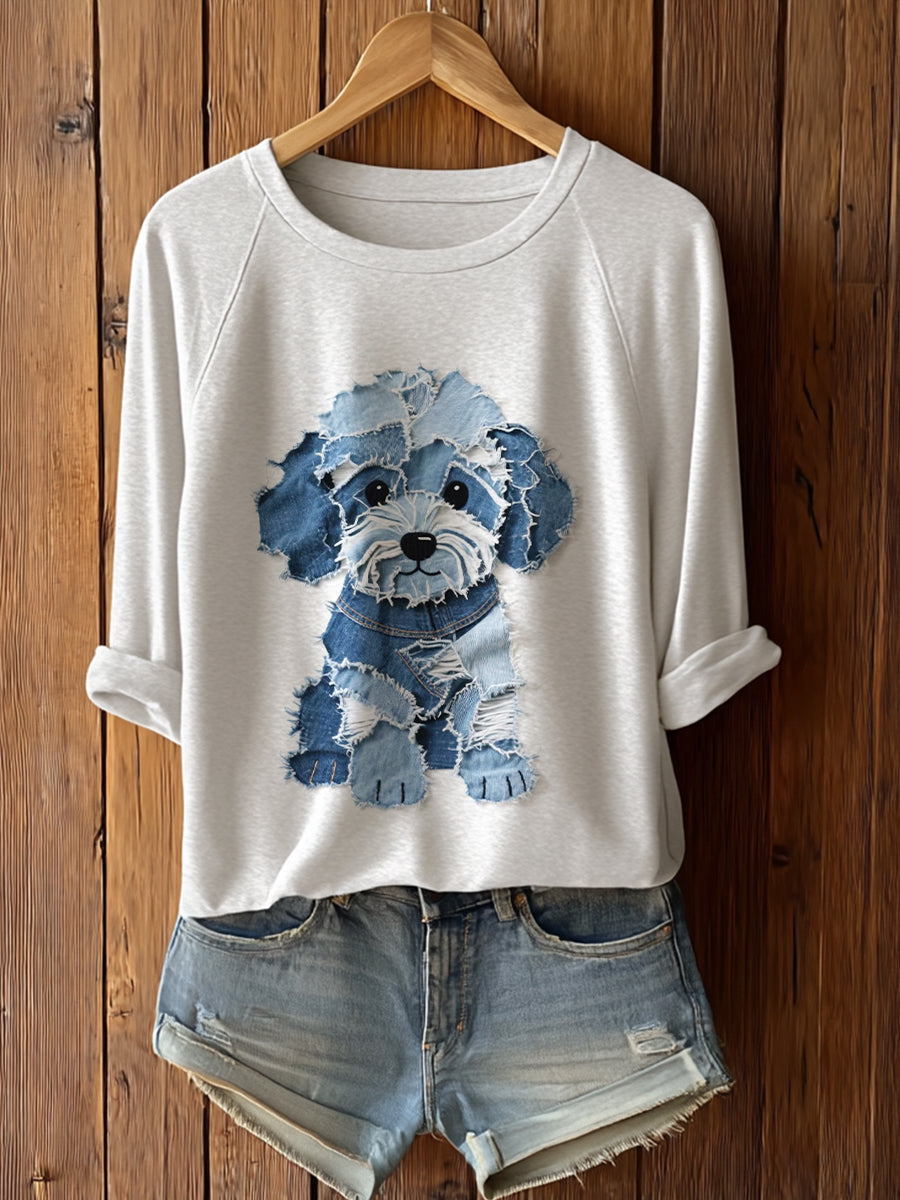 Manga larga linda del arte del remiendo del perro de las mujeres T-Shirto