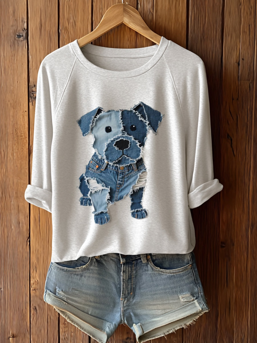 Camiseta linda de la manga larga del arte del remiendo del perro de las mujeres