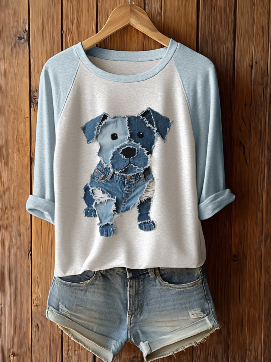 Camiseta linda de la manga larga del arte del remiendo del perro de las mujeres