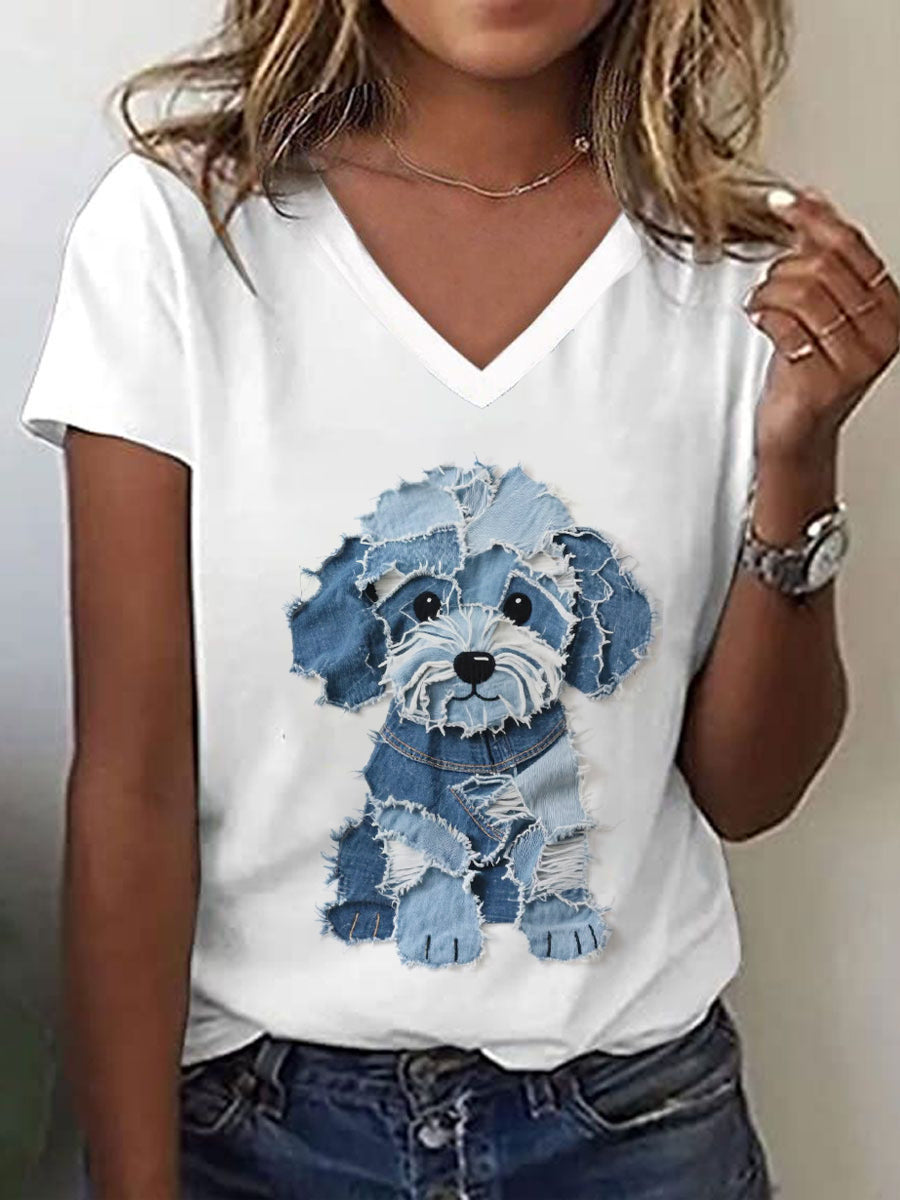 Camiseta con cuello en V para mujer Cute Dog Patchwork Art