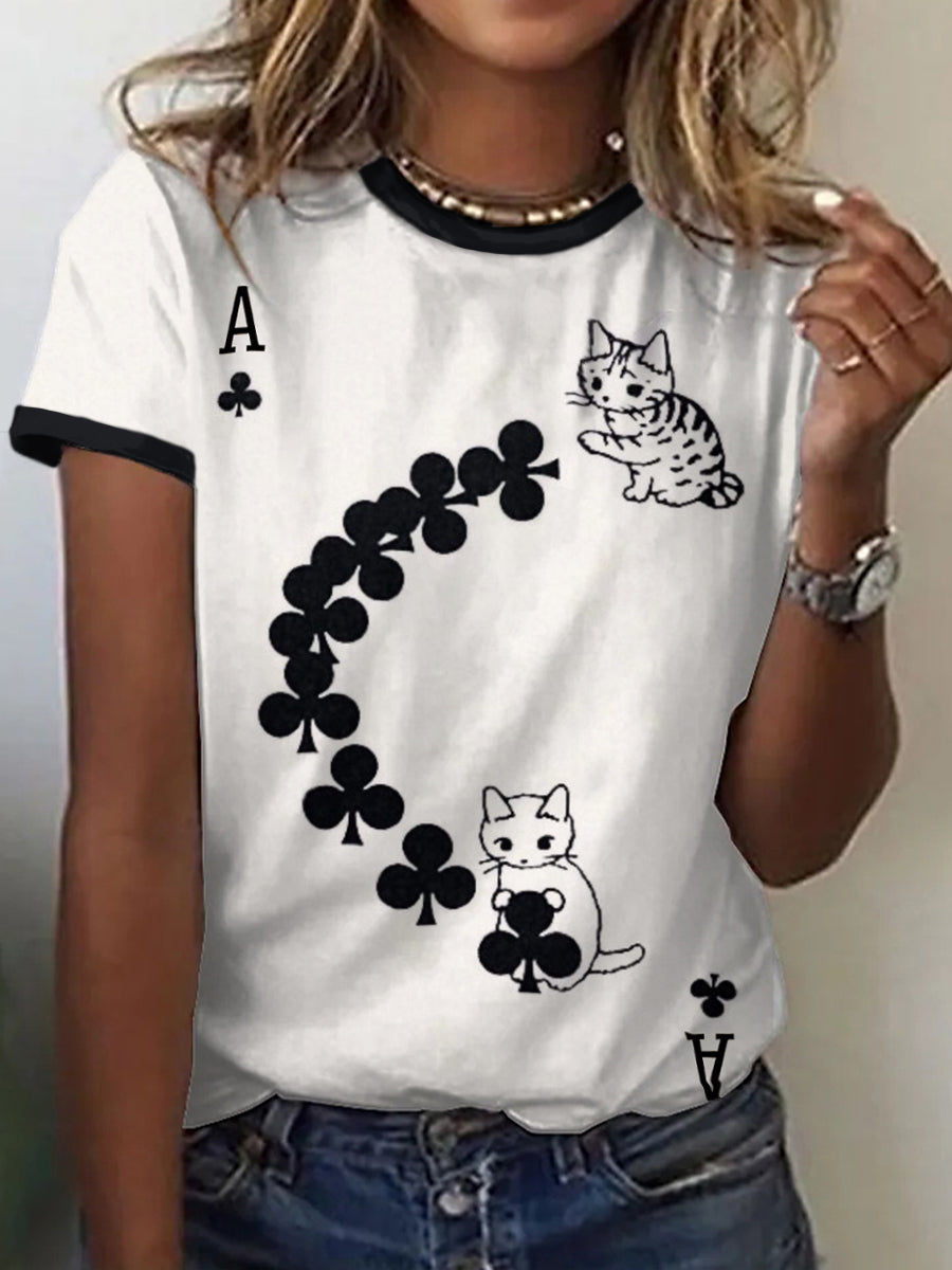 Camiseta Vintage con Estampado Inspirado en Cartas de Gatos para Mujer