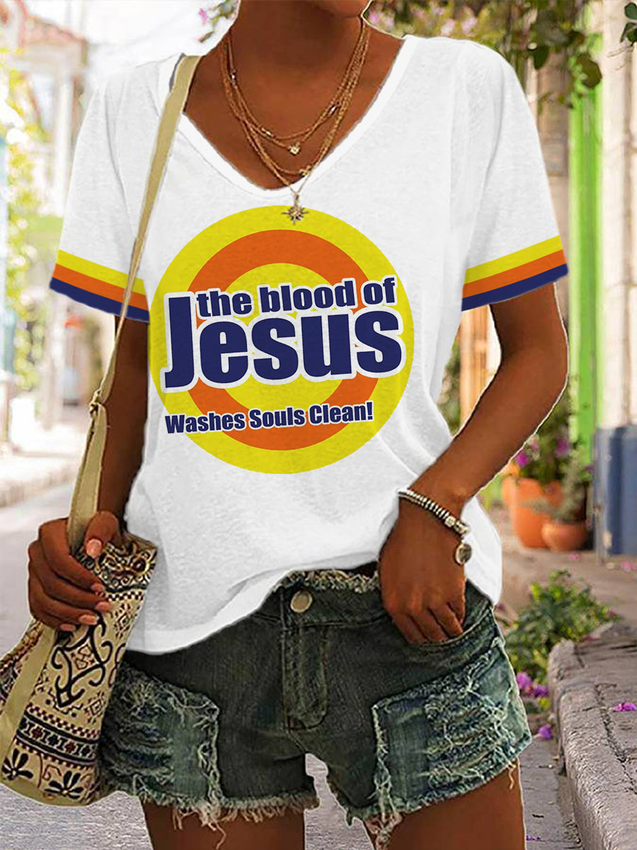 La sangre de Jesús lava las almas Clean Casual cuello en V camiseta para mujer