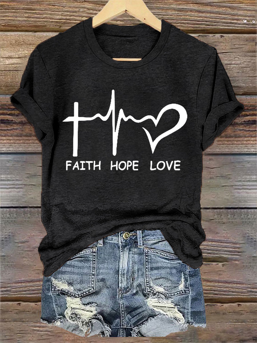 Faith Hope Love Print Casual Tee para mujer