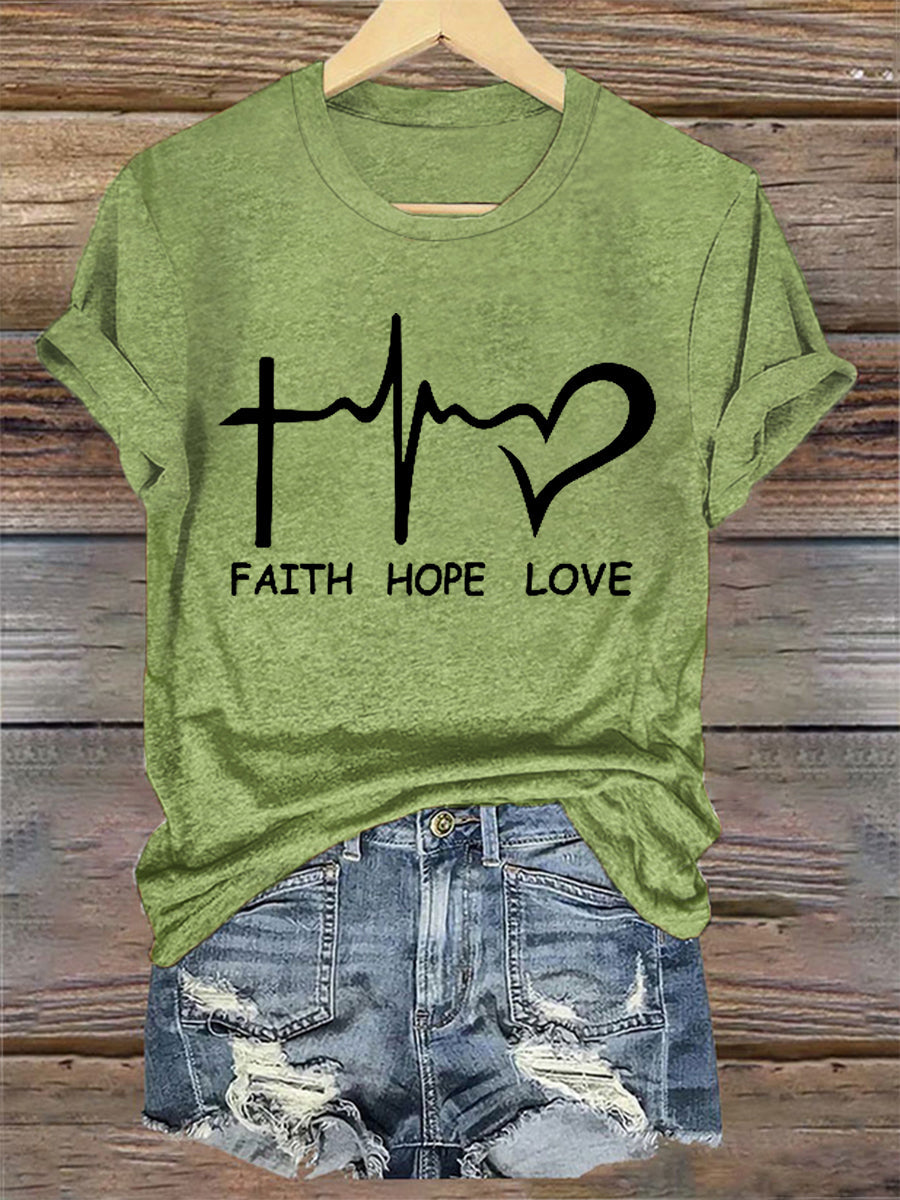 Faith Hope Love Print Casual Tee para mujer