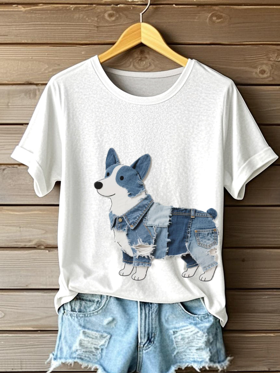 Camiseta encantadora del arte del remiendo del patrón del corgi de las mujeres