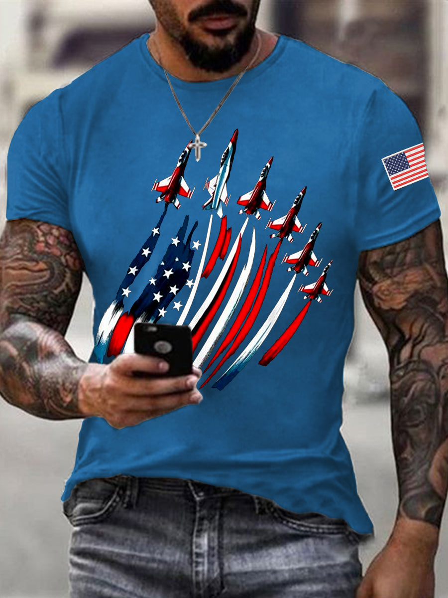 Día de la Independencia de los hombres USA Flag Fighter Jets Print Casual Tee