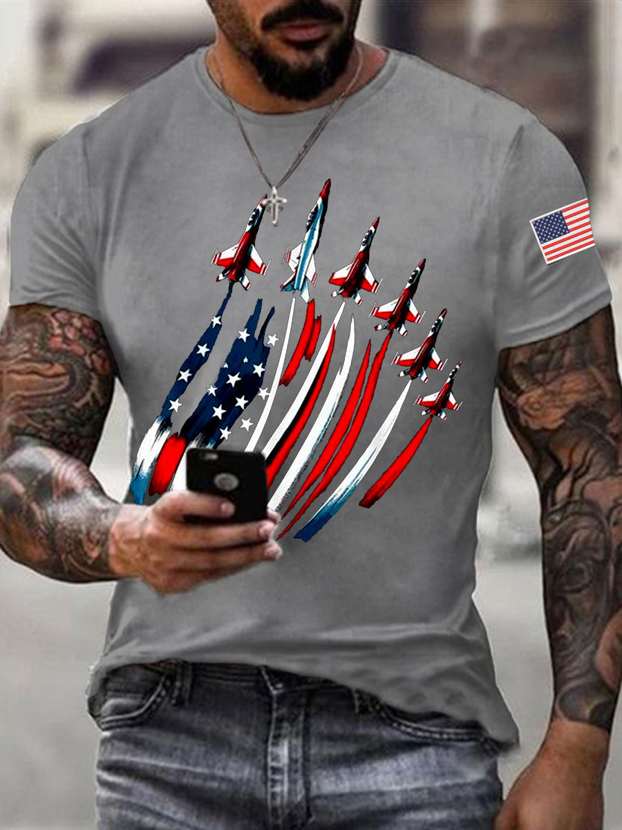 Día de la Independencia de los hombres USA Flag Fighter Jets Print Casual Tee