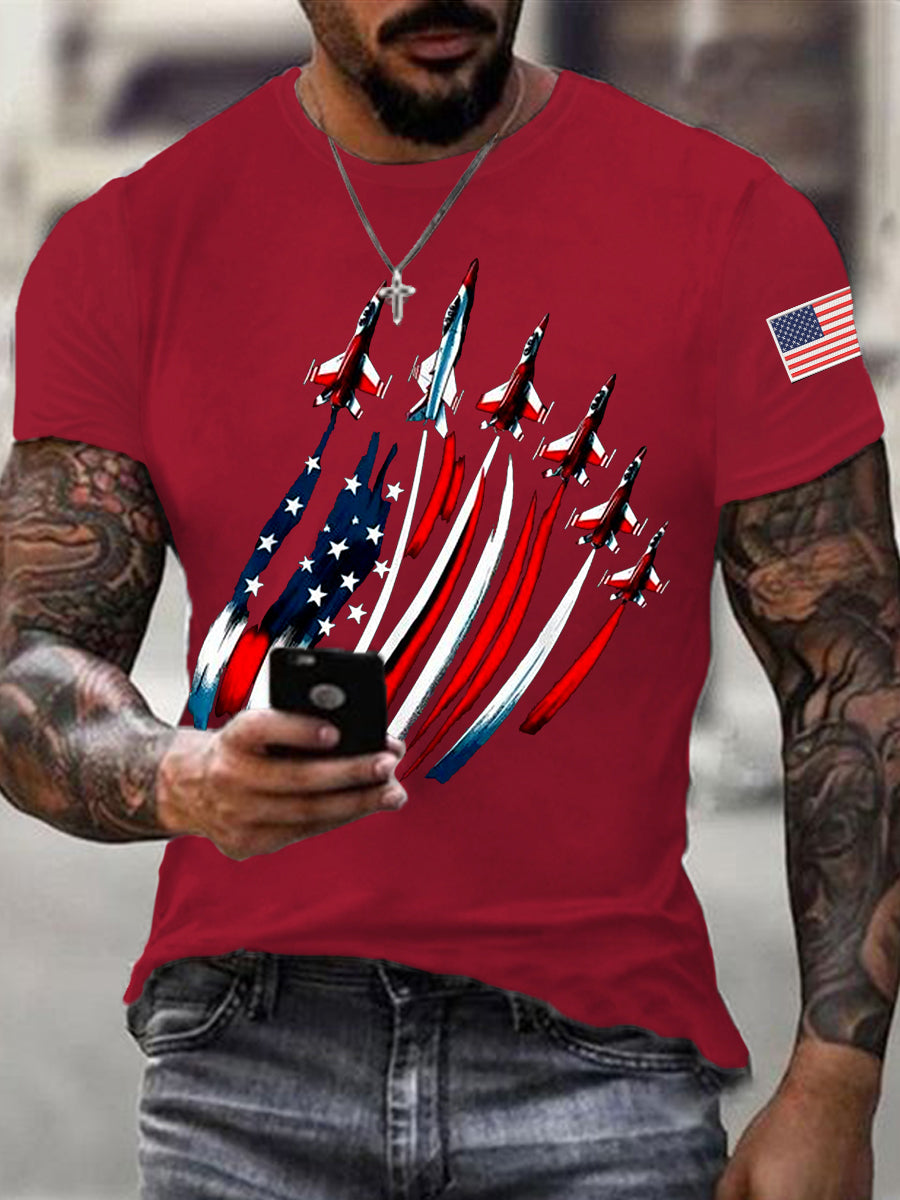 Día de la Independencia de los hombres USA Flag Fighter Jets Print Casual Tee