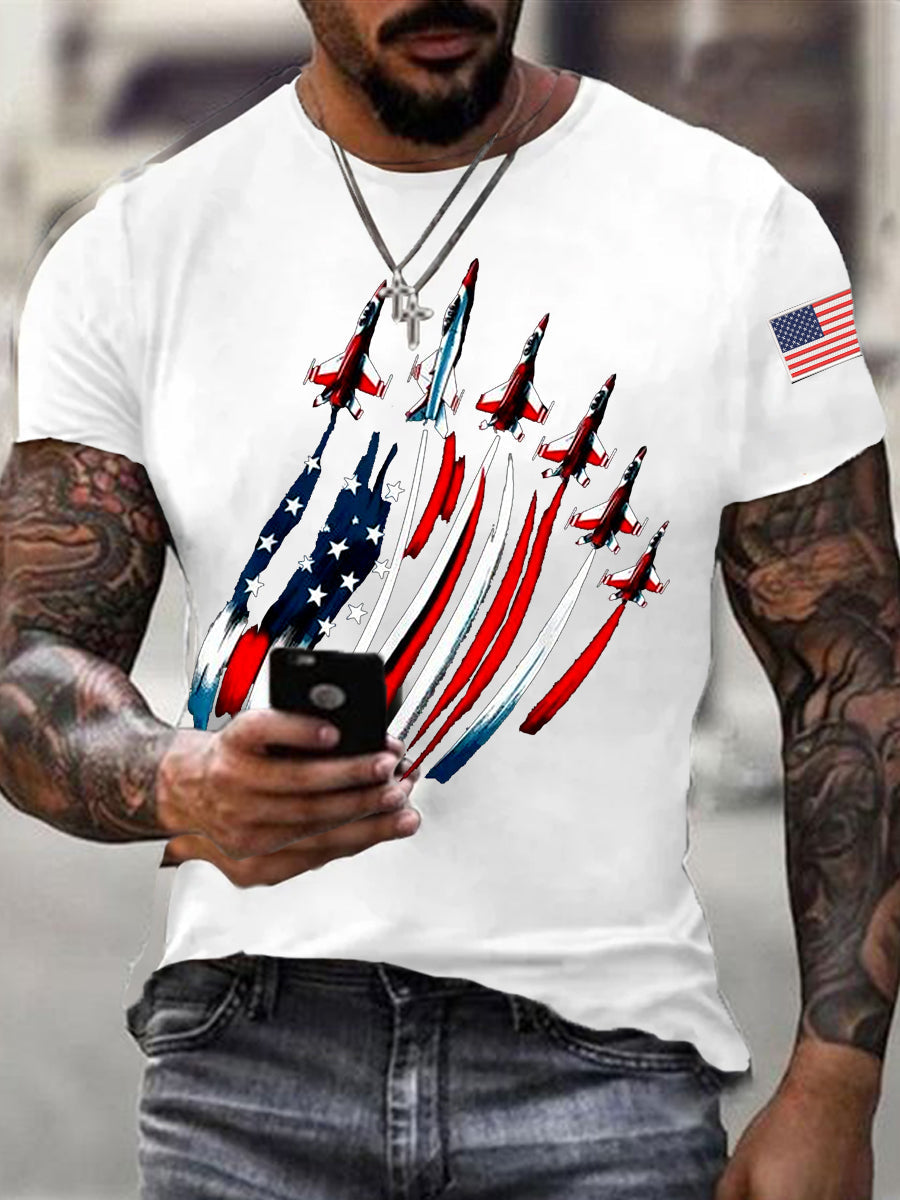 Día de la Independencia de los hombres USA Flag Fighter Jets Print Casual Tee